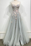 Gray Strapless Lace Long A Line Prom Gown, Graduation Dress HZ0429