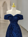 Blue Sequins Long Prom Dress, Off the Shoulder Blue Evening Dress HZ0429