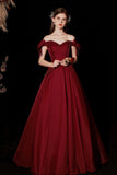 Burgundy Satin Long Prom Dresses, A-Line Off the Shoulder Formal Dresses HZ0429