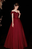 Burgundy Satin Long Prom Dresses, A-Line Off the Shoulder Formal Dresses HZ0429