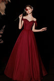 Burgundy Satin Long Prom Dresses, A-Line Off the Shoulder Formal Dresses HZ0429