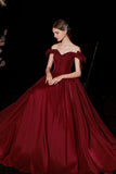 Burgundy Satin Long Prom Dresses, A-Line Off the Shoulder Formal Dresses HZ0429