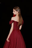Burgundy Satin Long Prom Dresses, A-Line Off the Shoulder Formal Dresses HZ0429