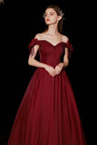Burgundy Satin Long Prom Dresses, A-Line Off the Shoulder Formal Dresses HZ0429