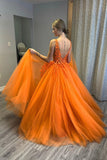 Orange V-Neck Lace Long Prom Dresses, A-Line Evening Party Dresses HZ0429
