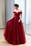 Burgundy Tulle Long Prom Dress, A-Line Off the Shoulder Evening Dress HZ0429