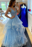 Blue V-Neck Lace Long Prom Dresses, A-Line Blue Formal Evening Dresses HZ0429