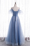 Blue Tulle Long A-Line Prom Dresses, Blue Spaghetti Strap Evening Dresses HZ0429