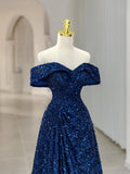 Blue Sequins Long Prom Dress, Off the Shoulder Blue Evening Dress HZ0429