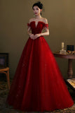 Burgundy Tulle Beaded Long Prom Dress, A-Line Off the Shoulder Evening Dress HZ0429