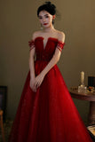 Burgundy Tulle Beaded Long Prom Dress, A-Line Off the Shoulder Evening Dress HZ0429