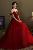 Burgundy Tulle Beaded Long Prom Dress, A-Line Off the Shoulder Evening Dress HZ0429