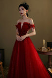 Burgundy Tulle Beaded Long Prom Dress, A-Line Off the Shoulder Evening Dress HZ0429