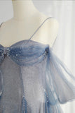 Blue Spaghetti Strap Tulle Long Prom Dress, A-Line Formal Dress HZ0429