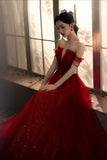 Burgundy Tulle Beaded Long Prom Dress, A-Line Off the Shoulder Evening Dress HZ0429