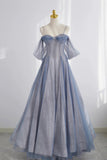 Blue Spaghetti Strap Tulle Long Prom Dress, A-Line Formal Dress HZ0429