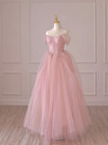 Pink Tulle Lace Long Prom Dress, Off the Shoulder Evening Dress HZ0429