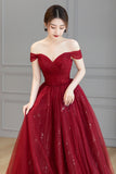 Burgundy Tulle Long Prom Dress, A-Line Off the Shoulder Evening Dress HZ0429