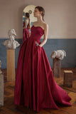 Burgundy Satin Long Strapless Prom Dresses with Pockets HZ0429