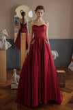 Burgundy Satin Long Strapless Prom Dresses with Pockets HZ0429