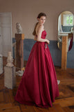 Burgundy Satin Long Strapless Prom Dresses with Pockets HZ0429