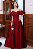 Burgundy Satin Long Prom Dresses, Off the Shoulder Evening Dresses HZ0429