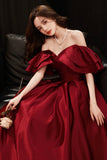 Burgundy Satin Long Prom Dresses, Off the Shoulder Evening Dresses HZ0429