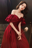 Burgundy Satin Long Prom Dresses, Off the Shoulder Evening Dresses HZ0429