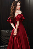 Burgundy Satin Long Prom Dresses, Off the Shoulder Evening Dresses HZ0429