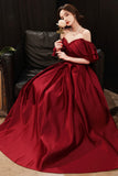 Burgundy Satin Long Prom Dresses, Off the Shoulder Evening Dresses HZ0429