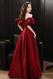 Burgundy Satin Long Prom Dresses, Off the Shoulder Evening Dresses HZ0429