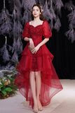 Red Lace High Low Party Dresses, A-Line Homecoming Dresses HZ0429
