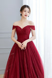 Burgundy Tulle Long Prom Dress, A-Line Off the Shoulder Evening Dress HZ0429