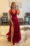Burgundy V-Neck Satin Long Prom Dress, Simple A-Line Evening Dress HZ0429