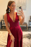 Burgundy V-Neck Satin Long Prom Dress, Simple A-Line Evening Dress HZ0429