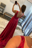 Burgundy V-Neck Satin Long Prom Dress, Simple A-Line Evening Dress HZ0429