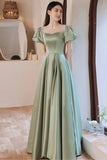 Green Satin Long Prom Dresses, A-Line Formal Evening Dresses HZ0429