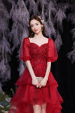 Red Lace High Low Party Dresses, A-Line Homecoming Dresses HZ0429