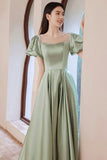 Green Satin Long Prom Dresses, A-Line Formal Evening Dresses HZ0429