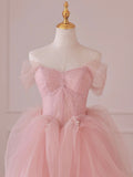 Pink Tulle Lace Long Prom Dress, Off the Shoulder Evening Dress HZ0429