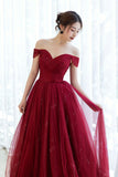 Burgundy Tulle Long Prom Dress, A-Line Off the Shoulder Evening Dress HZ0429