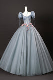 A-Line Gray Tulle Flowers Long Prom Dress, Beautiful Short Sleeve Evening Party Dress with Corset HZ0429