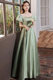 Green Satin Long Prom Dresses, A-Line Formal Evening Dresses HZ0429