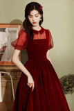 Burgundy Velvet Short Prom Dresses, A-Line Homecoming Dresses HZ0429