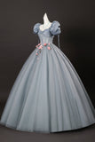 A-Line Gray Tulle Flowers Long Prom Dress, Beautiful Short Sleeve Evening Party Dress with Corset HZ0429