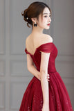 Burgundy Tulle Long Prom Dress, A-Line Off the Shoulder Evening Dress HZ0429