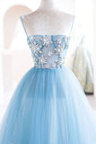 Blue Spaghetti Strap Tulle Beading Long A-Line Prom Dresses HZ0429