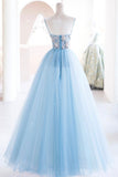 Blue Spaghetti Strap Tulle Beading Long A-Line Prom Dresses HZ0429