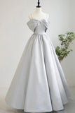Gray Satin Long A-Line Prom Dress, Off the Shoulder Evening Dress with Pearls HZ0429