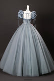 A-Line Gray Tulle Flowers Long Prom Dress, Beautiful Short Sleeve Evening Party Dress with Corset HZ0429